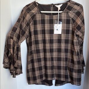 LC Lauren Conrad Plaid Ruffle Sleeve Blouse - Brown and Tan